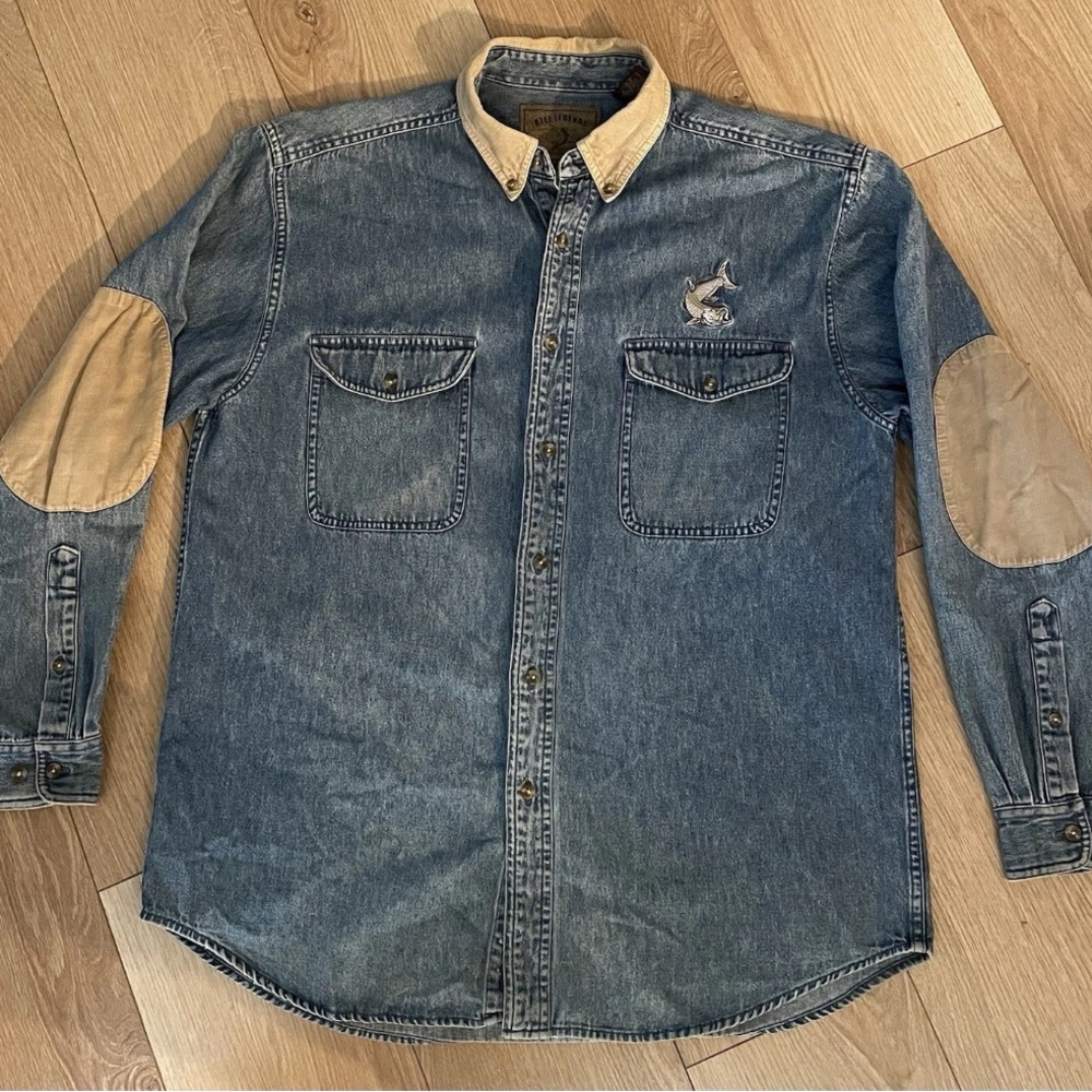 Reel Legends Vintage Shirt-Jacket Men's Sz Medium Blue Denim Fish Elbow Patches